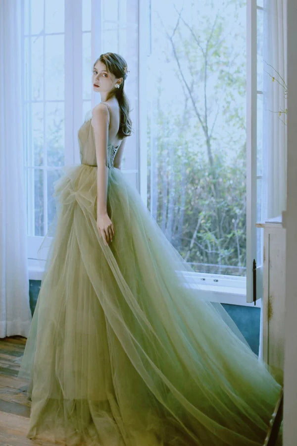 Green Tulle Long A-Line Prom Dress Green Spaghetti Strap Evening Dress