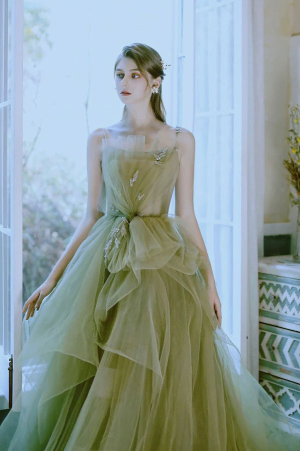 Green Tulle Long A-Line Prom Dress Green Spaghetti Strap Evening Dress