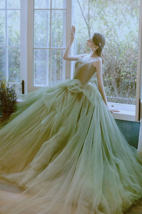 Green Tulle Long A-Line Prom Dress Green Spaghetti Strap Evening Dress