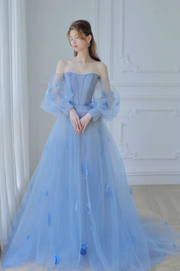 Blue Tulle Long Sleeve Prom Dress Off the Shoulder Evening Graduation Dress