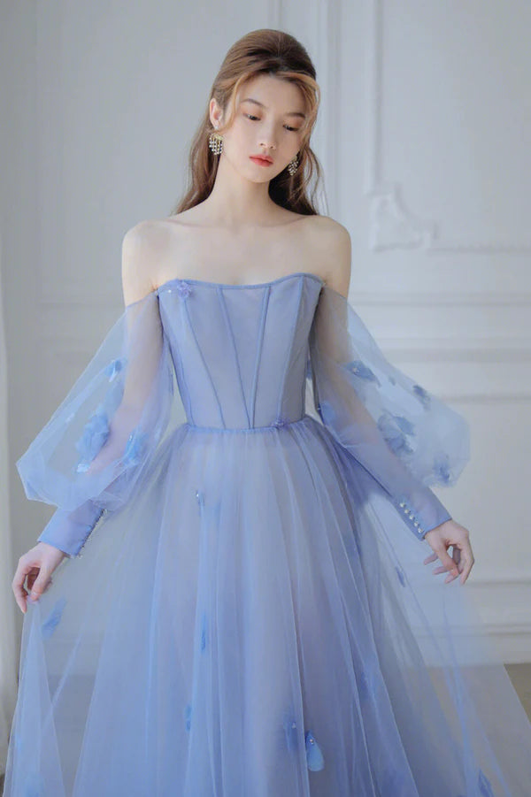 Blue Tulle Long Sleeve Prom Dress Off the Shoulder Evening Graduation Dress