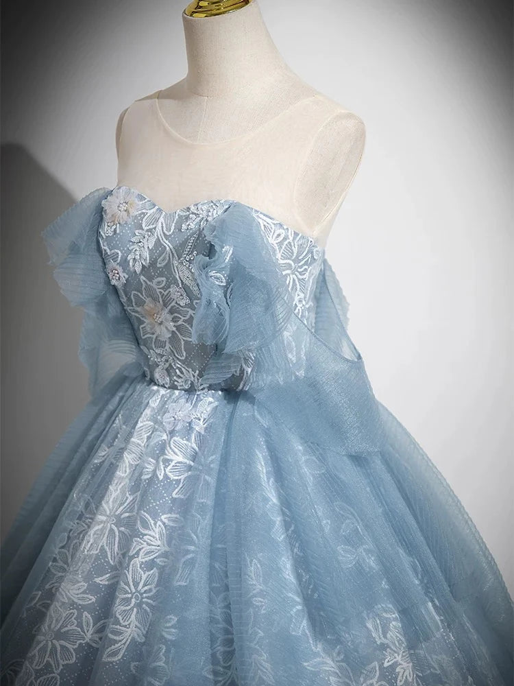 Buyishang A-Line Sweetheart Neck Tulle Lace Gray Blue Long Prom Dress Gray Blue Evening Dress