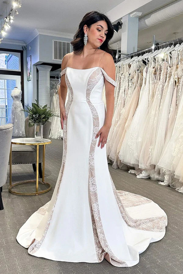 Buyishang Simple Mermaid Off The Shoulder Satin Wedding Dresses with Appliques