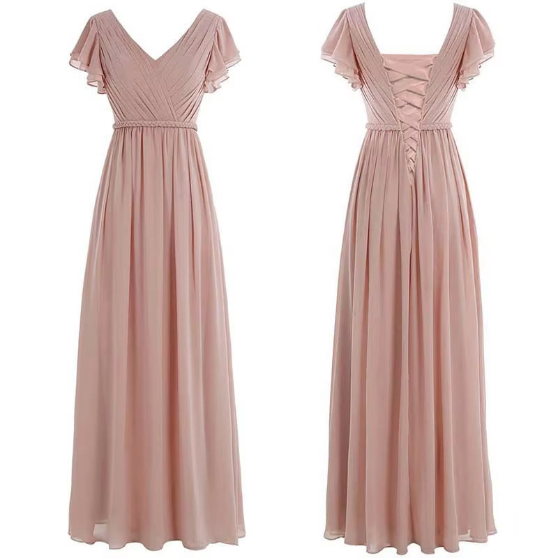 Buyishang A Line Chiffon Elegant V Neck Pleat Sashes Short Sleeve Bridesmaid Dresses Wedding Party Formal Prom Evening Lace Up Back ﻿