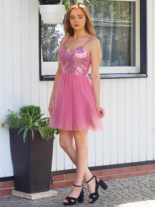 Princess Sleeveless Tulle Sequin Spaghetti Straps Short/Mini Homecoming Dresses