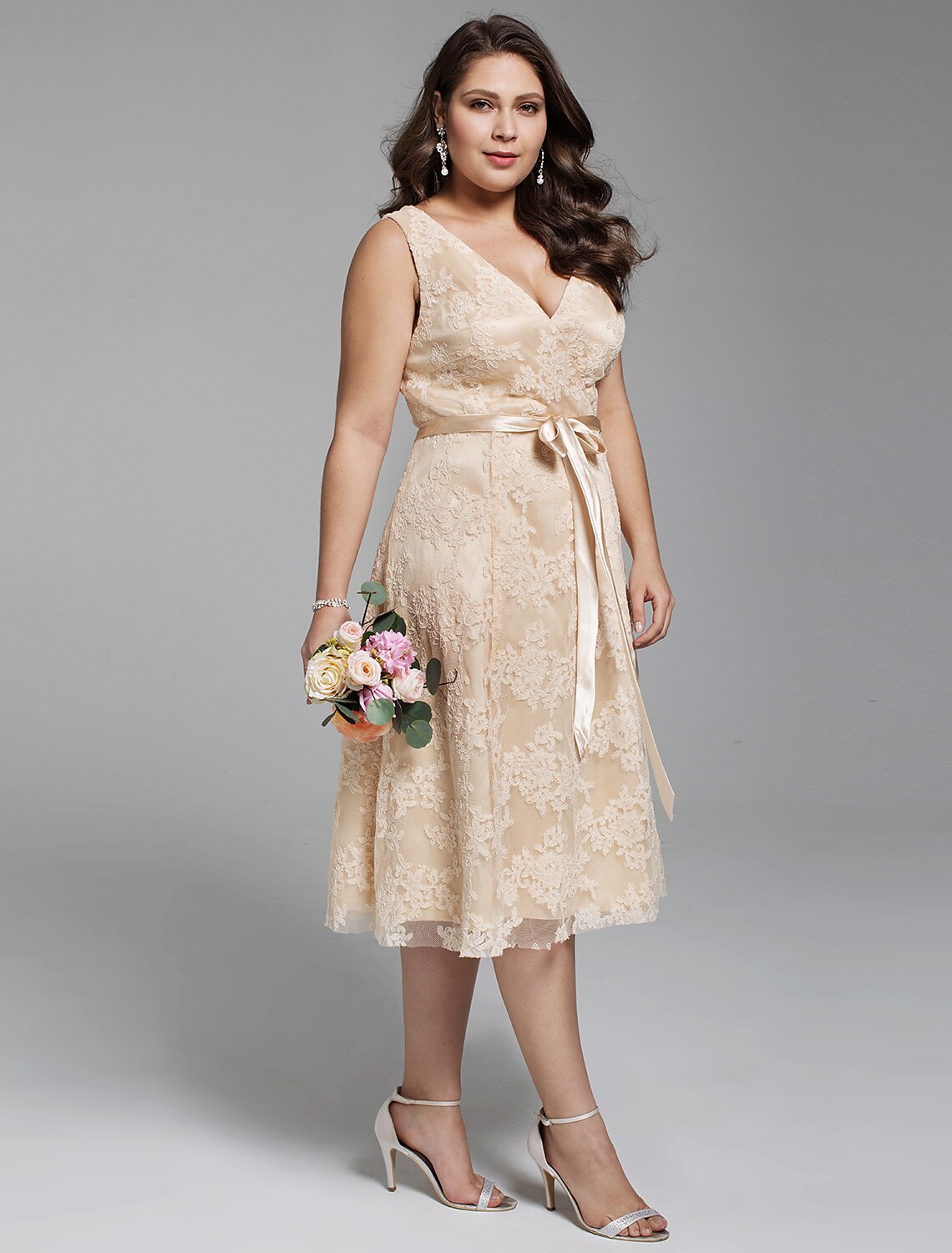 A-Line Wedding Dresses Tea Length Open Back Little White Dresses Regular Straps V Neck Lace With Sashes