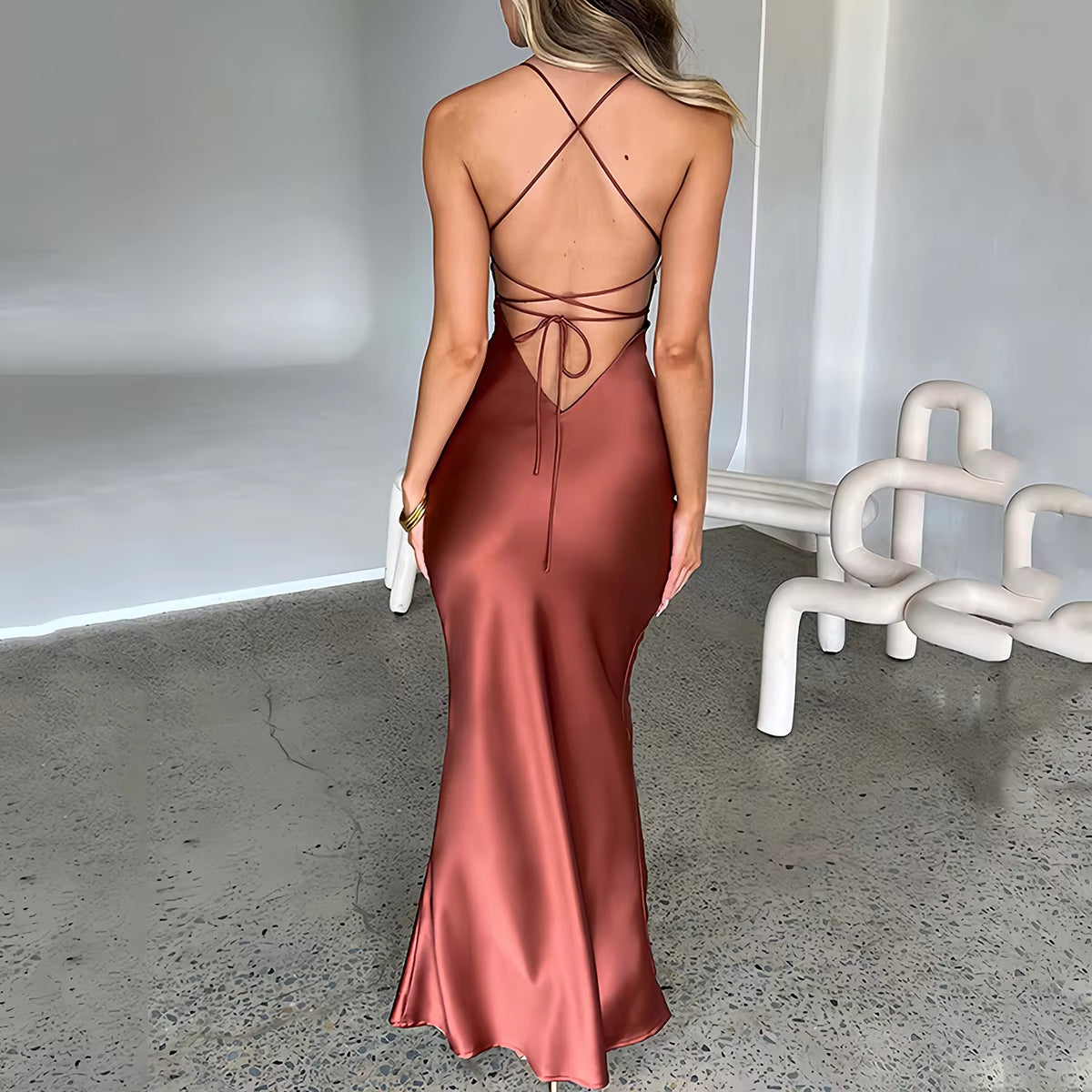Buyishang Sexy Satin Backless Lace Up Mermaid Slip Dress Women Sweetheart Neck Sexy Slim Bodycon Dresses Elegant Silk Gown Partywear