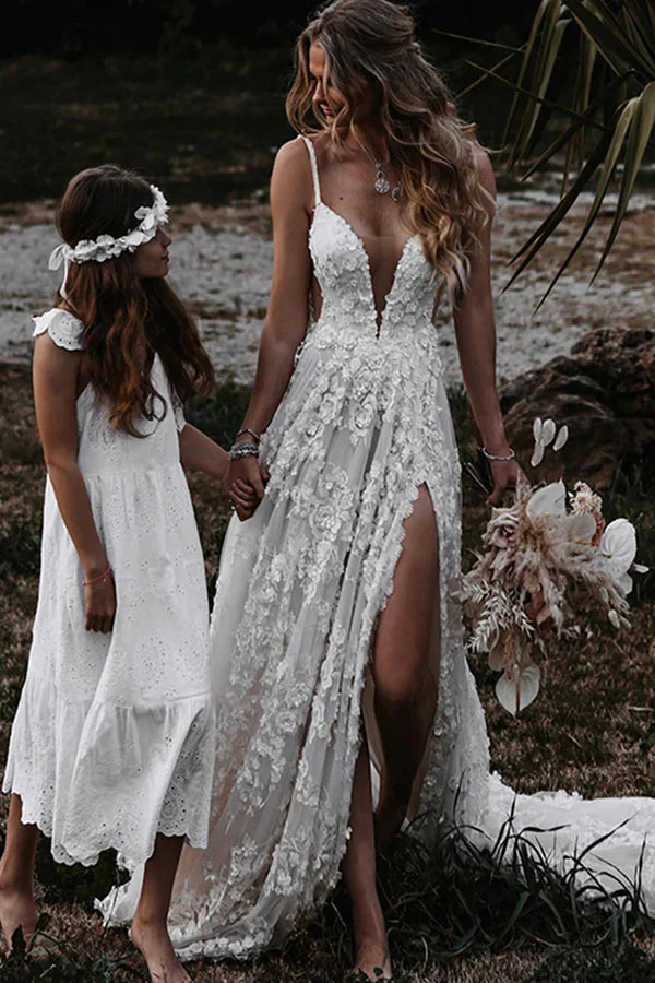 Buyishang White Boho A-Line Lace Wedding Dress with Appliques