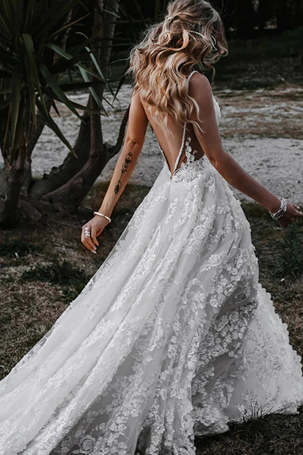 Buyishang White Boho A-Line Lace Wedding Dress with Appliques