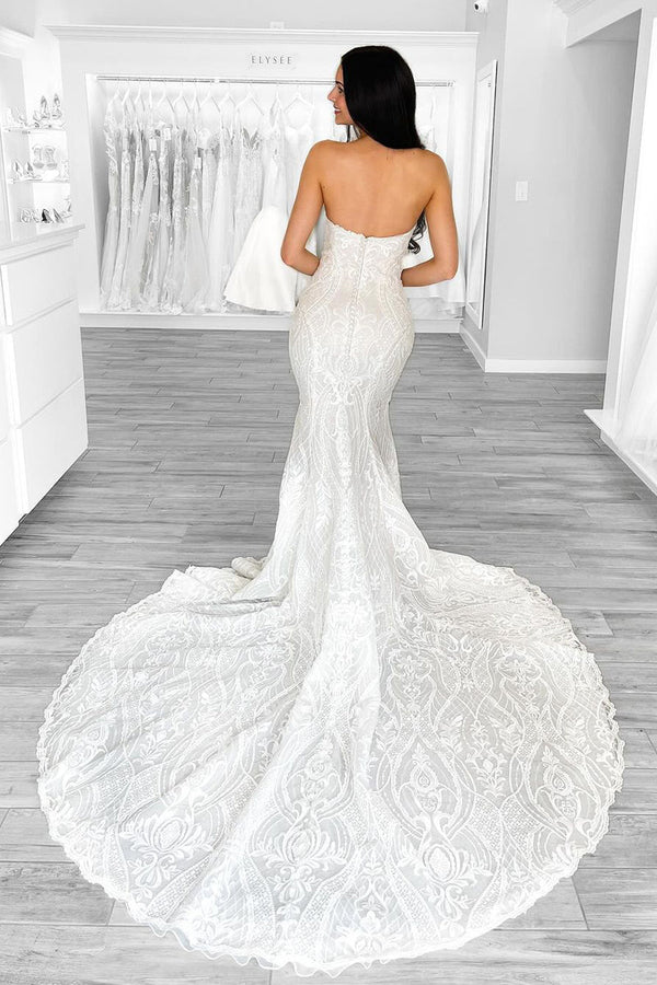 Buyishang Mermaid Strapless White Lace Wedding Dresses