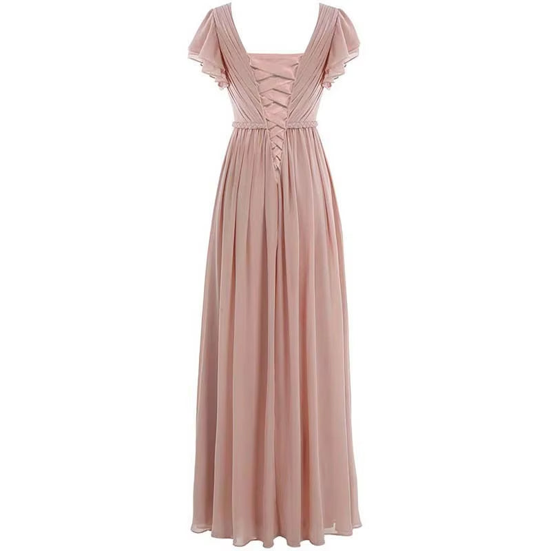 Buyishang A Line Chiffon Elegant V Neck Pleat Sashes Short Sleeve Bridesmaid Dresses Wedding Party Formal Prom Evening Lace Up Back ﻿