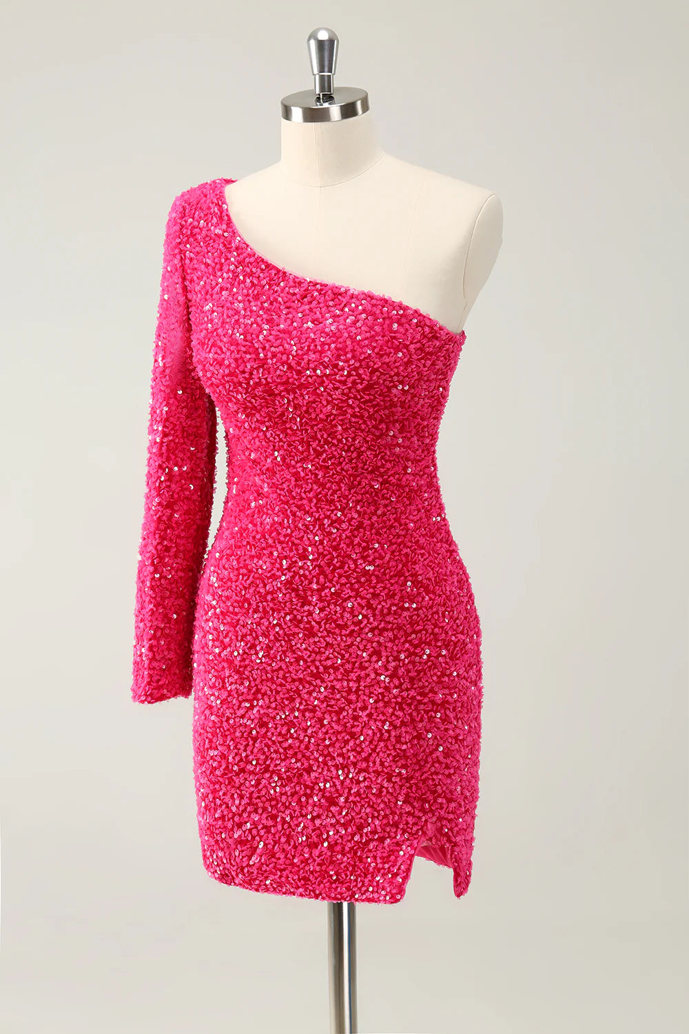 Hot Pink One Shoulder Glitter Sequins Homecoming Dress with Slit