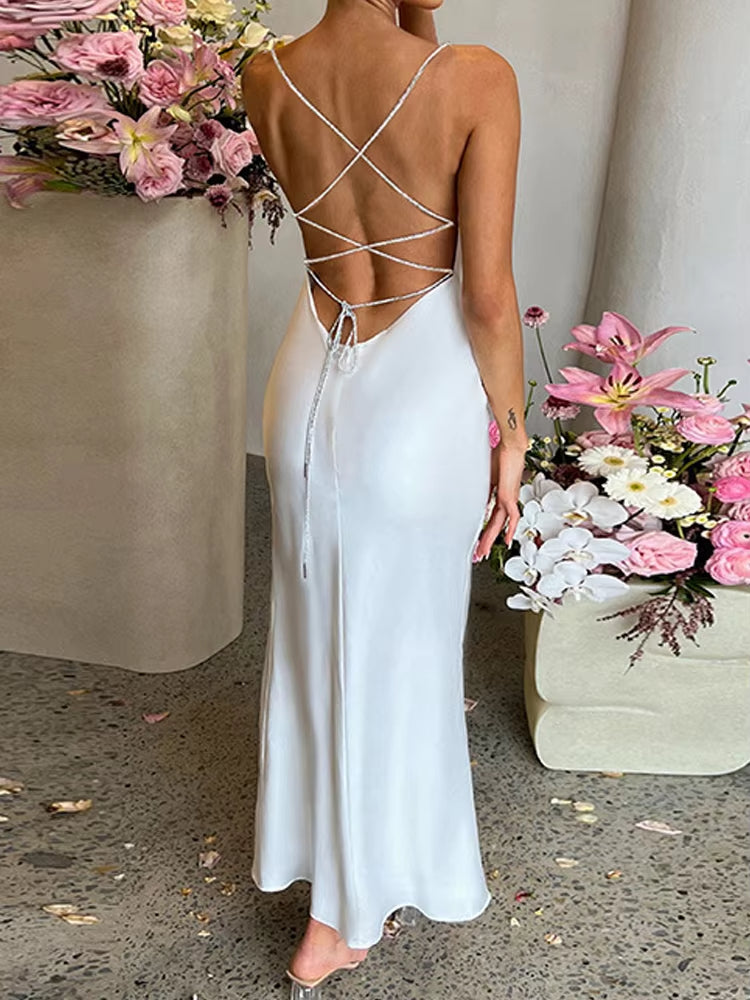 Buyishang Summer Sexy Backless Dress Women's Solid Color Slim Lace Up Long Dresses Fashion Elegant Formal Dress Split Party Camisole Dress