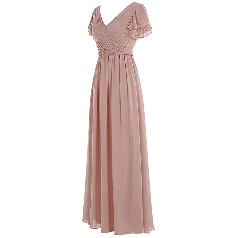 Buyishang A Line Chiffon Elegant V Neck Pleat Sashes Short Sleeve Bridesmaid Dresses Wedding Party Formal Prom Evening Lace Up Back ﻿