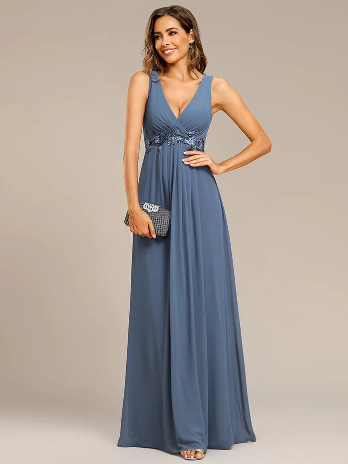 Floral Applique Sleeveless Chiffon Long Formal Evening Dress/Prom  Dresses