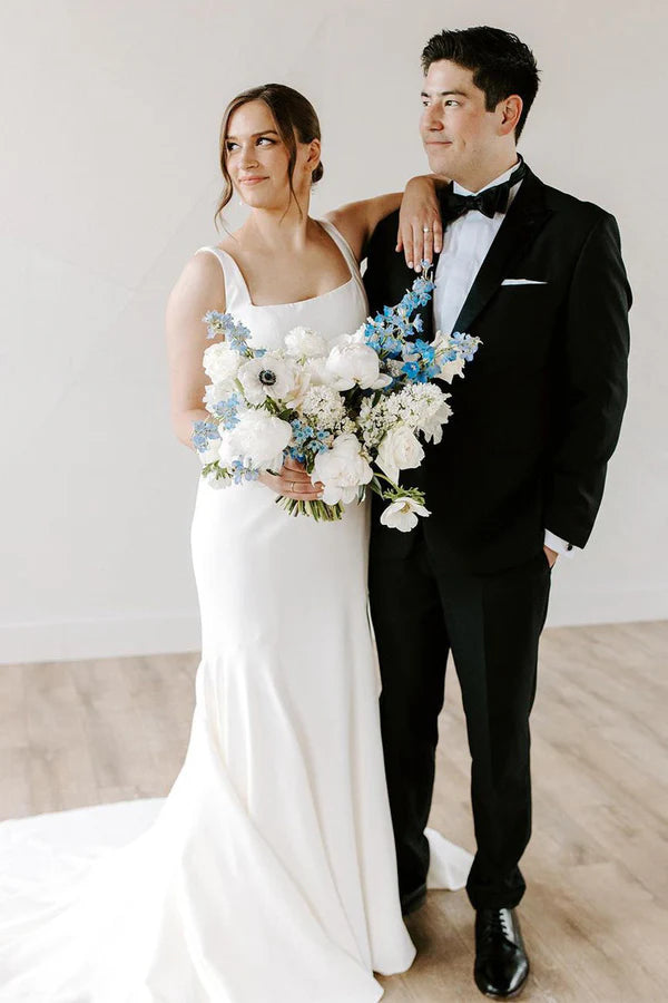 Buyishang Mermaid Square Neck White Satin Wedding Dresses