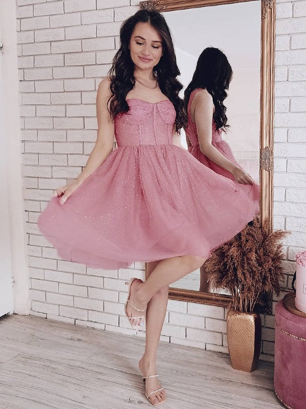 Princess Spaghetti Straps Paillette Sleeveless Tulle Short/Mini Homecoming Dresses