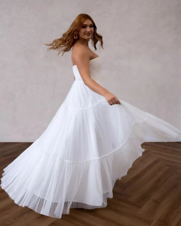 Buyishang A Line V Neck Chiffon Long Wedding Dresses with Sweep Train