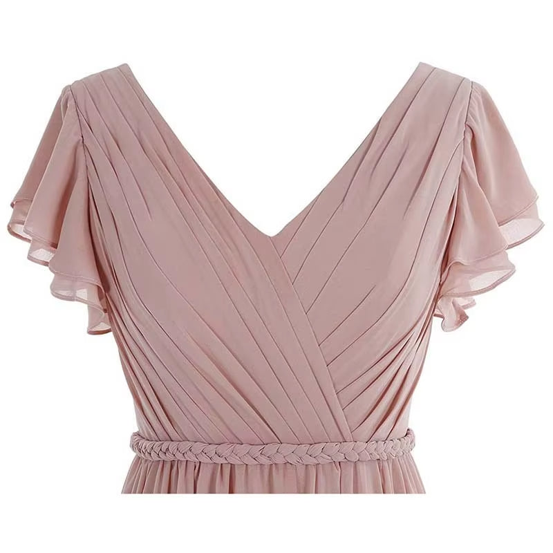 Buyishang A Line Chiffon Elegant V Neck Pleat Sashes Short Sleeve Bridesmaid Dresses Wedding Party Formal Prom Evening Lace Up Back ﻿
