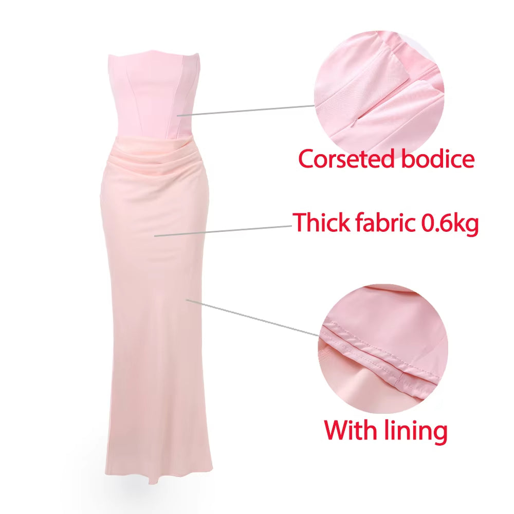 Buyishang Women's Evening Dress Strapless Pink Prom Party Dresses Sexy Satin Long Corset Dress Elegant Maxi Gala Dresses ﻿