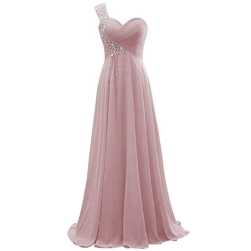 Buyishang A Line Chiffon Beading Pleat One Shoulder Floor Length Elegant Bridesmaid Dresses Wedding Party Formal Prom Evening Corset Back