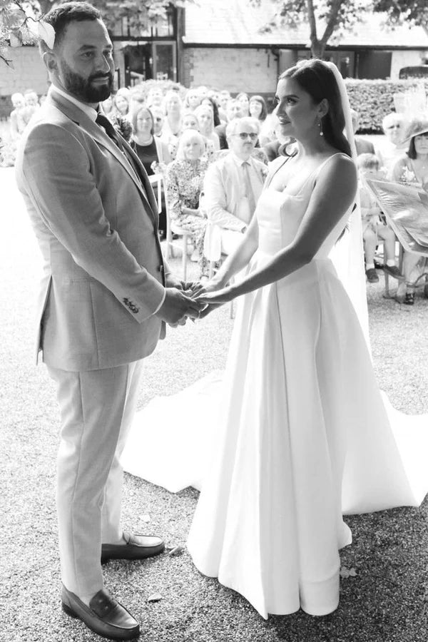 Buyishang Elegant Square Neck White Satin Wedding Dresses