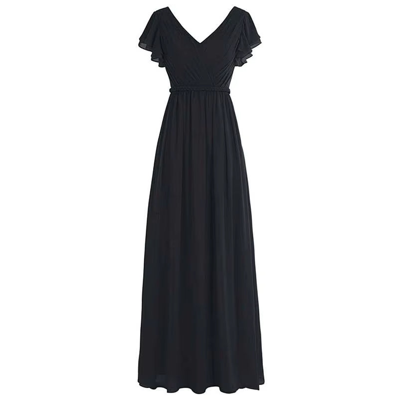 Buyishang A Line Chiffon Elegant V Neck Pleat Sashes Short Sleeve Bridesmaid Dresses Wedding Party Formal Prom Evening Lace Up Back ﻿