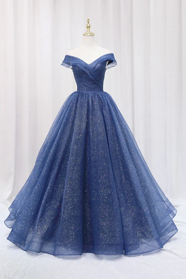 Blue Shiny Tulle Off the Shoulder Prom Dress Blue V-Neck Evening Dress