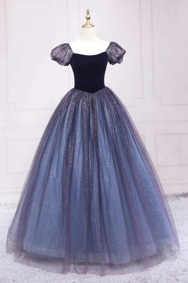 Cute Velvet Tulle Long Prom Dress A-Line Short Sleeve Graduation Dress