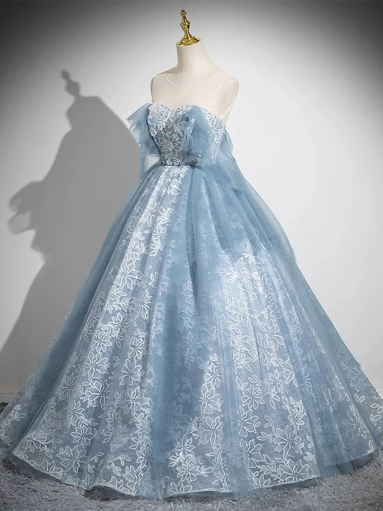 Buyishang A-Line Sweetheart Neck Tulle Lace Gray Blue Long Prom Dress Gray Blue Evening Dress