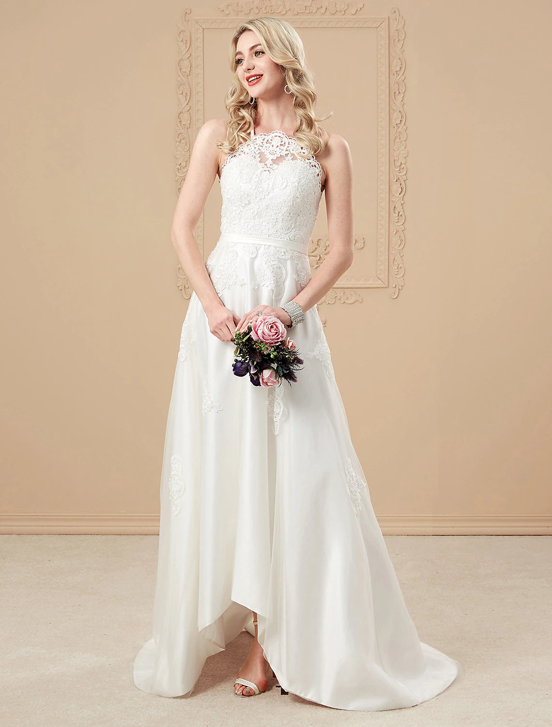 A-Line Wedding Dresses Asymmetrical Simple Spaghetti Strap Halter Tulle With Sashes