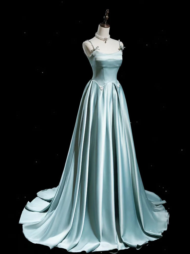 Buyishang A-Line Blue Satin Long Prom Dress Blue Long Formal Dress