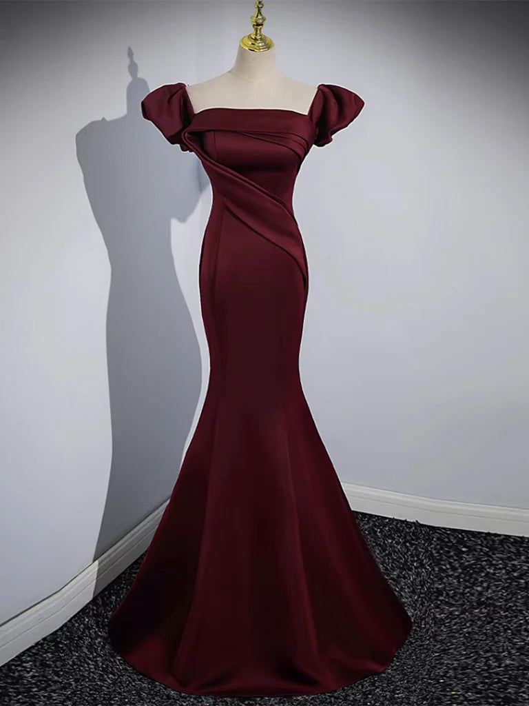 Buyishang Mermaid off Shoulder Satin Burgundy Long Prom Dress Burgundy Formal Dress