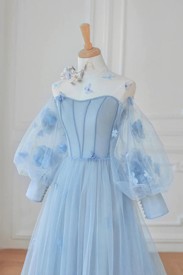 Blue Tulle Flowers Long Prom Dress Lovely A-Line Puff Sleeve Evening Dress