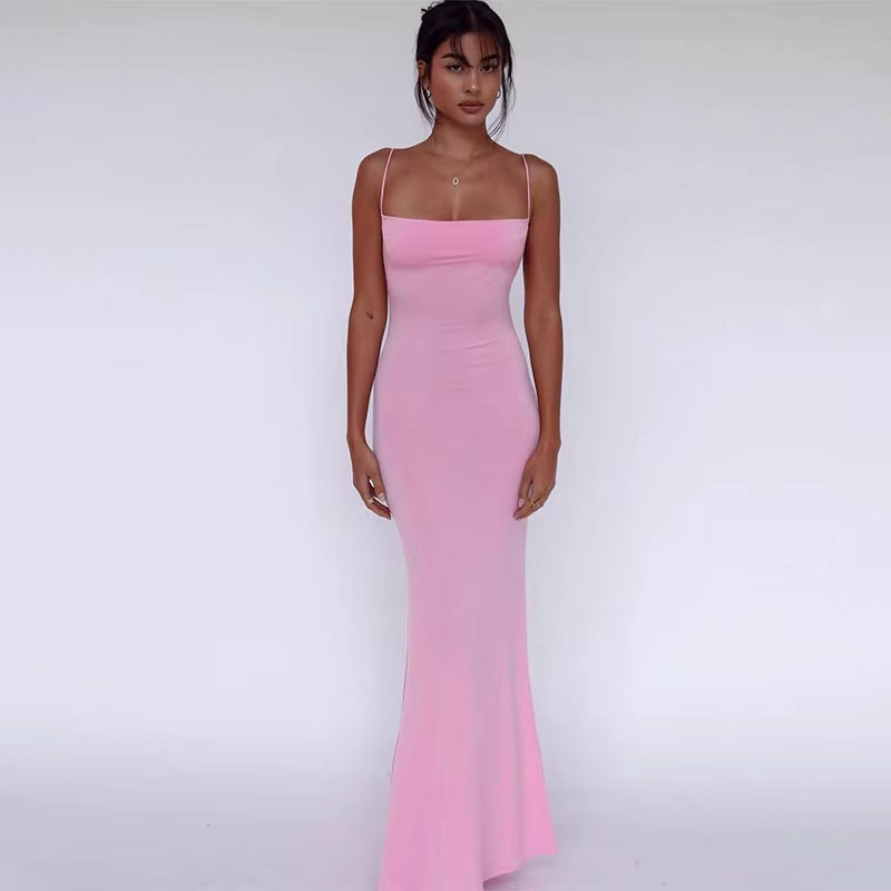 Buyishang Spring Solid Sleeveless Backless Elegant Sexy Bodycon Prom Dress Women Clothes Birthday Party Casual