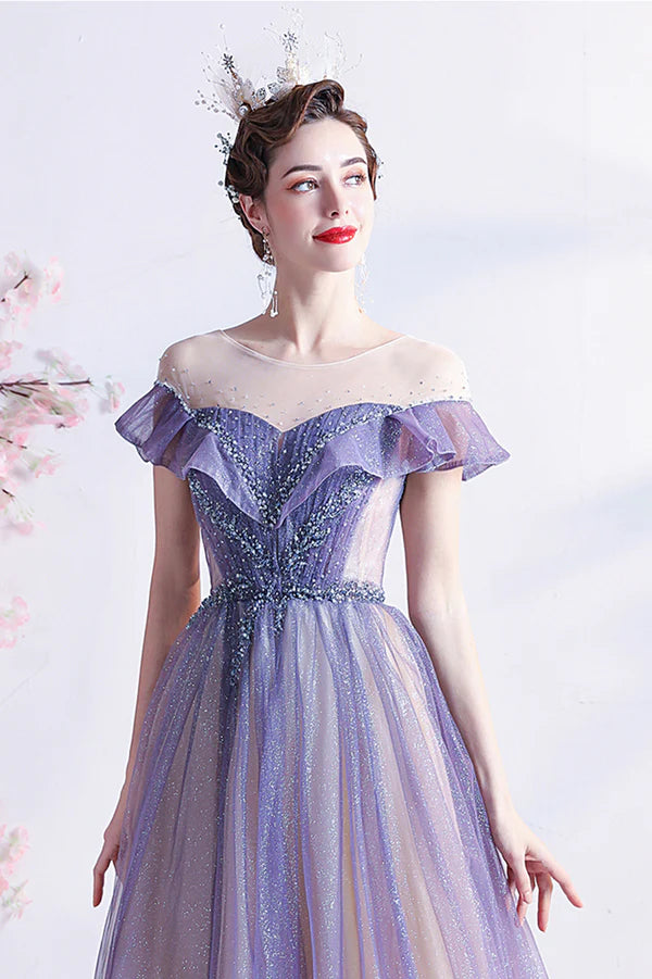 Purple Scoop Neckline Tulle Long Prom Dress A-Line Formal Evening Dress