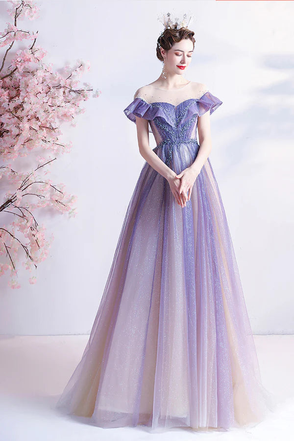 Purple Scoop Neckline Tulle Long Prom Dress A-Line Formal Evening Dress