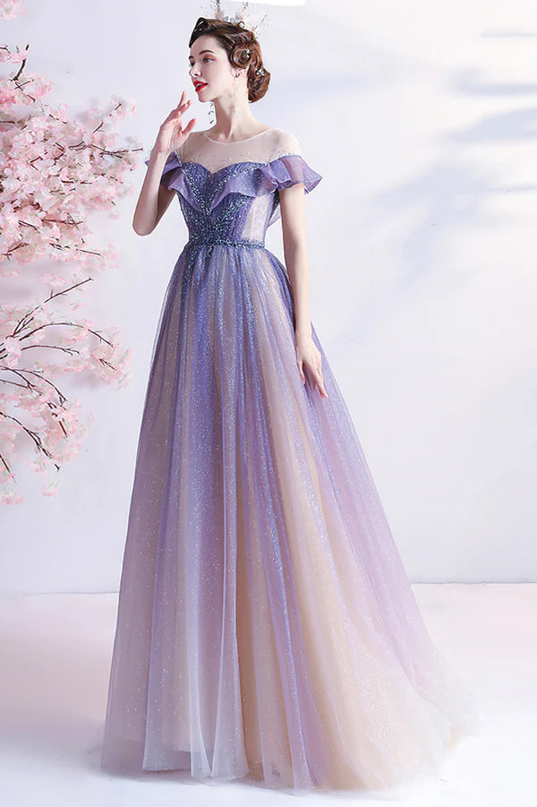 Purple Scoop Neckline Tulle Long Prom Dress A-Line Formal Evening Dress
