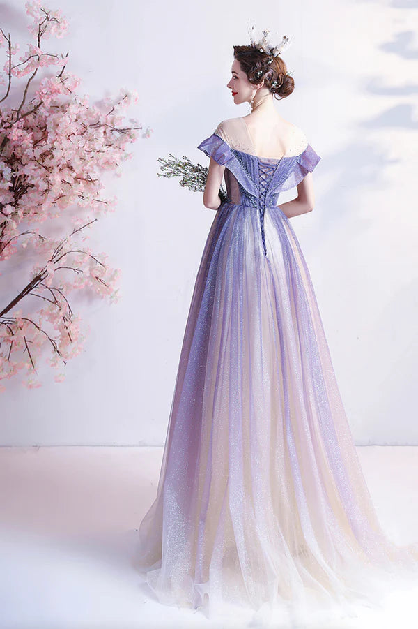 Purple Scoop Neckline Tulle Long Prom Dress A-Line Formal Evening Dress