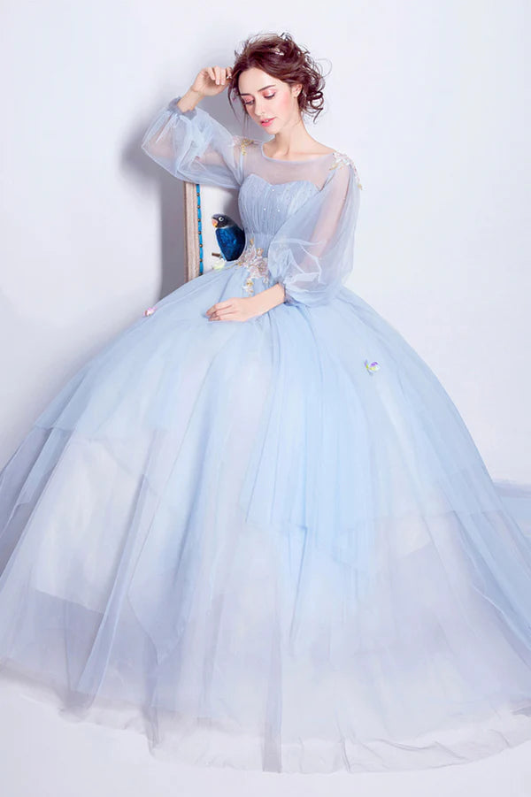 Blue Tulle Long A-Line Prom Dress Long Sleeve Lace Formal Gown