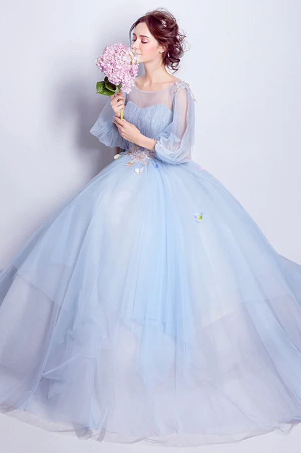 Blue Tulle Long A-Line Prom Dress Long Sleeve Lace Formal Gown