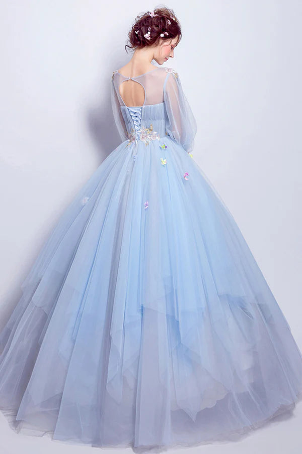 Blue Tulle Long A-Line Prom Dress Long Sleeve Lace Formal Gown