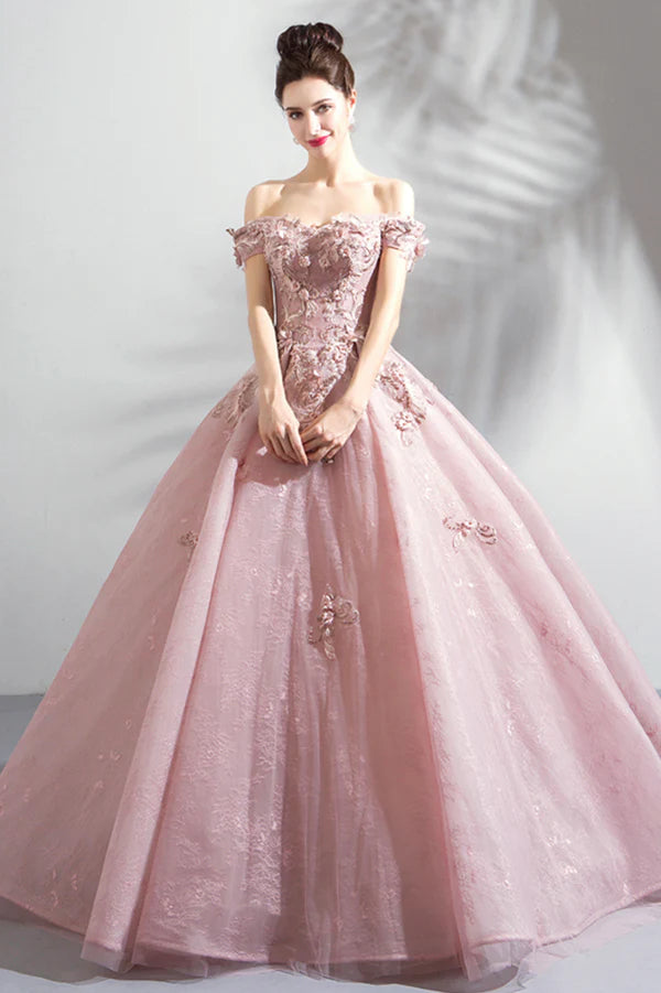 Pink Tulle Lace Long Formal Party Dress Off the Shoulder Evening Dress