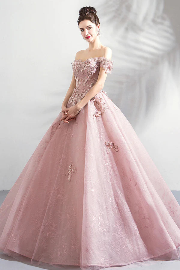 Pink Tulle Lace Long Formal Party Dress Off the Shoulder Evening Dress