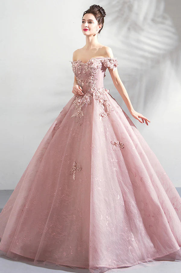 Pink Tulle Lace Long Formal Party Dress Off the Shoulder Evening Dress