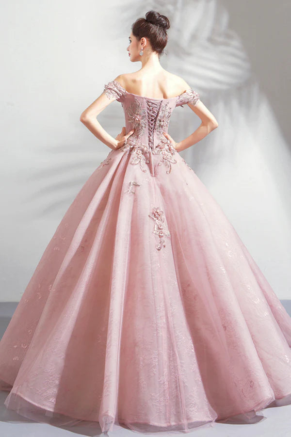 Pink Tulle Lace Long Formal Party Dress Off the Shoulder Evening Dress