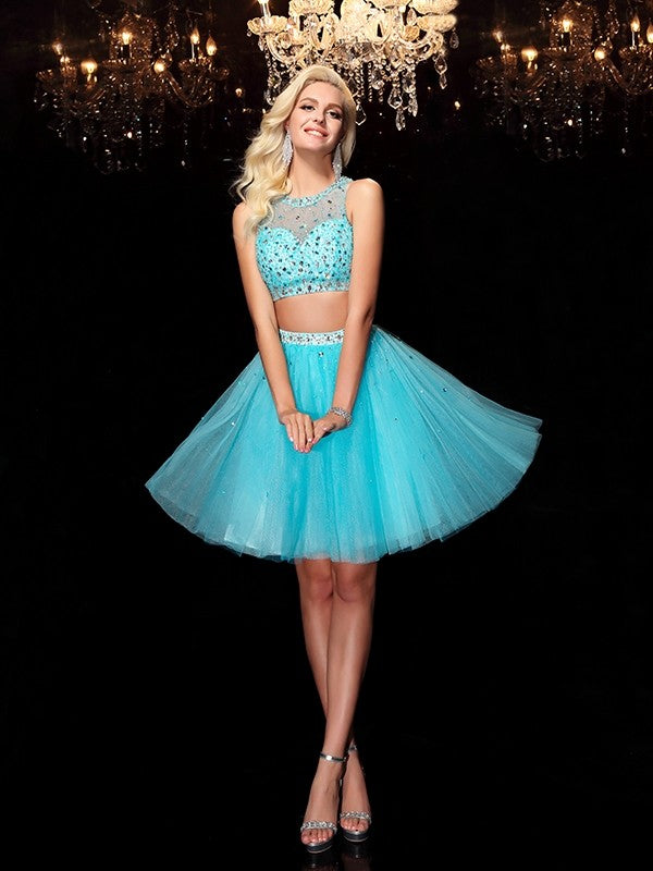 A-Line/Princess Scoop Rhinestone Sleeveless Short Net Dresses