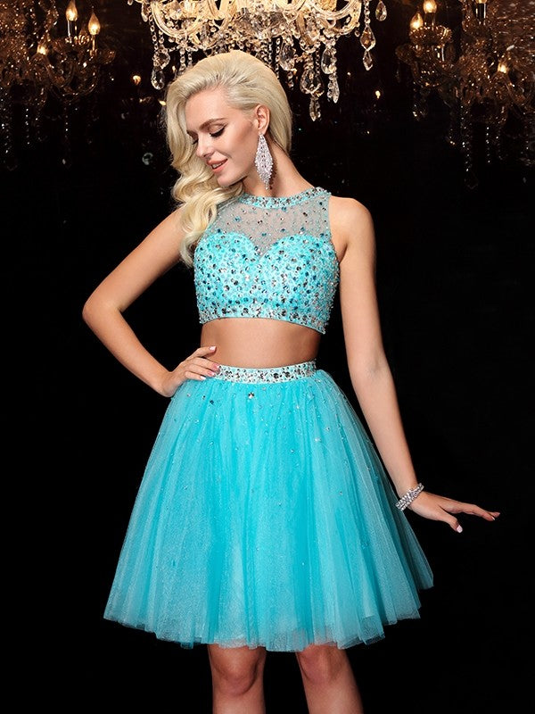 A-Line/Princess Scoop Rhinestone Sleeveless Short Net Dresses
