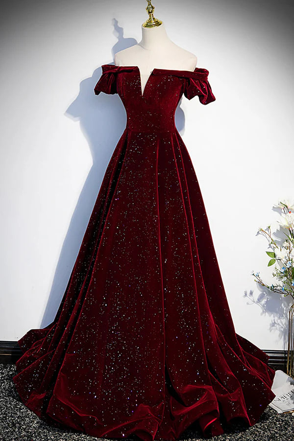 Burgundy Velvet Long Prom Dress A-Line Off the Shoulder Evening Dress