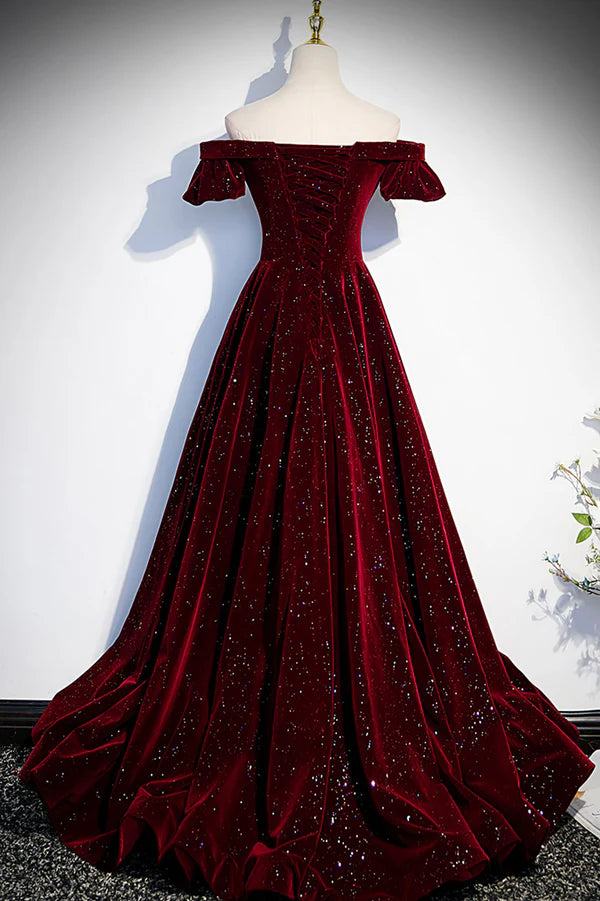 Burgundy Velvet Long Prom Dress A-Line Off the Shoulder Evening Dress